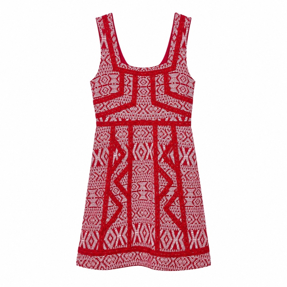 Maeve Anthropologie Dress‎ Size 12 Red White Jacquard Knit Fit Flare Mini